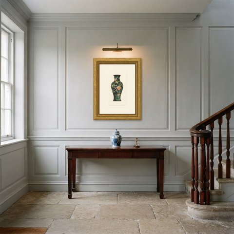 Antique Color Plate of a Famille Noire Baluster Vase, Kang-he, Gorer 1911, shown framed in a room
