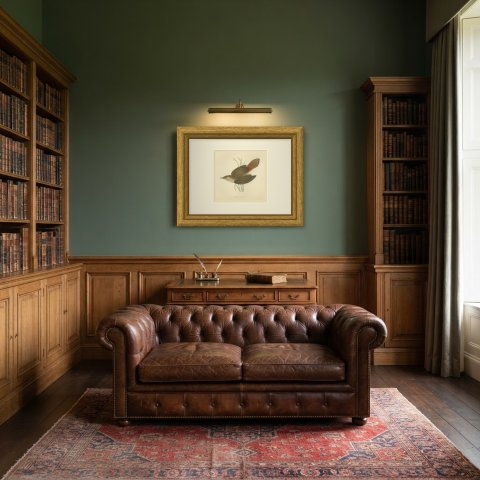 Rufous Warbler or Rufous Bush Robin, Hand Colored Bird Print, Morris, 1896, shown framed in a room
