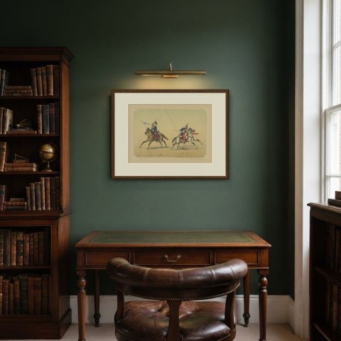 Spanish Lancers at the Charge, Villegas, Hand Colored Lithograph, 1861, shown framed in a room