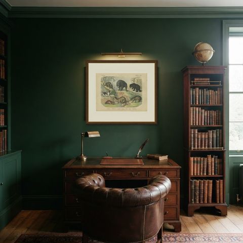 Antique Grizzly and Black Bear Print with Wolf, Fox and Raccoon, circa 1890, shown framed in a room