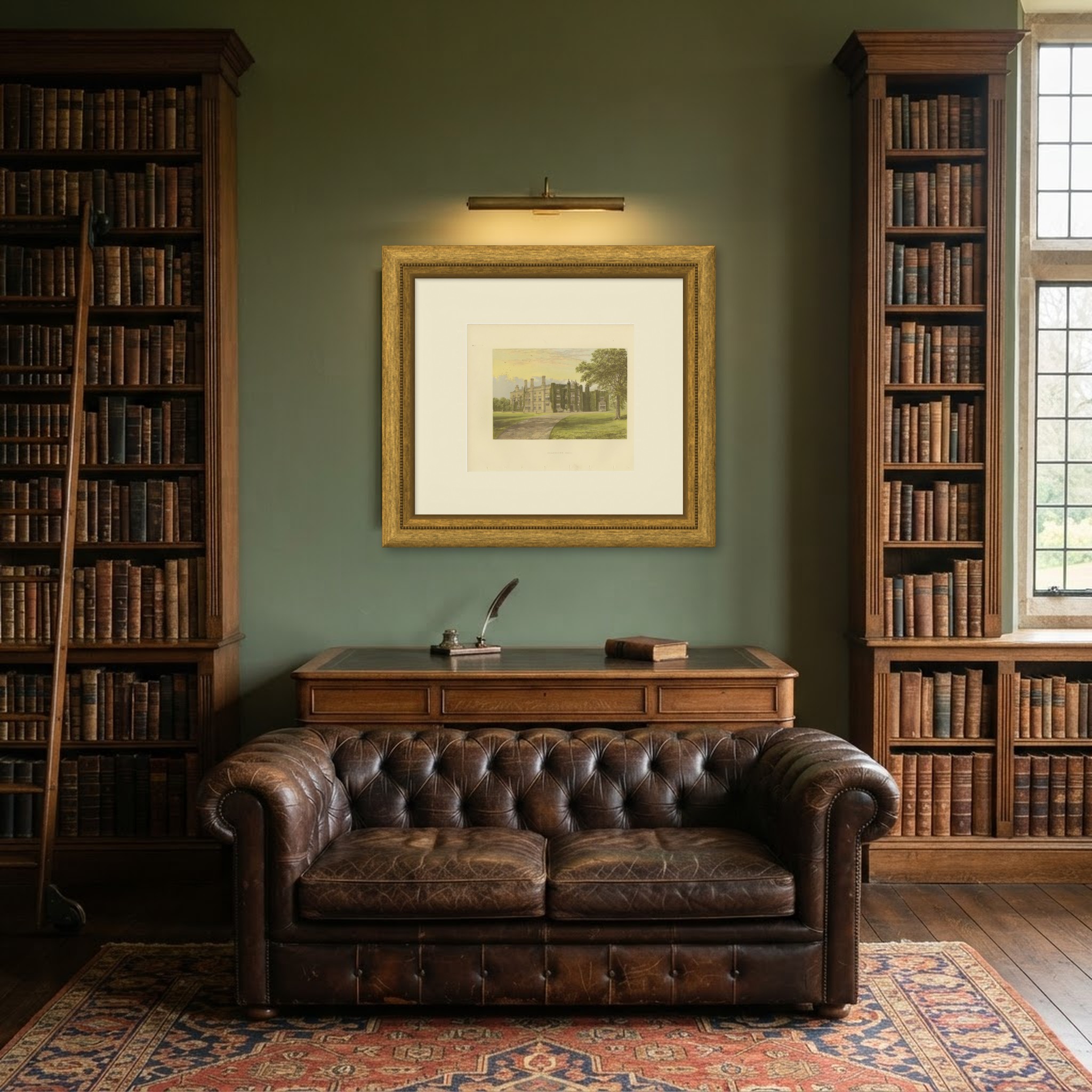 Drakelowe Hall, Derbyshire, Antique Morris Woodblock Print, circa 1870, shown framed in a room