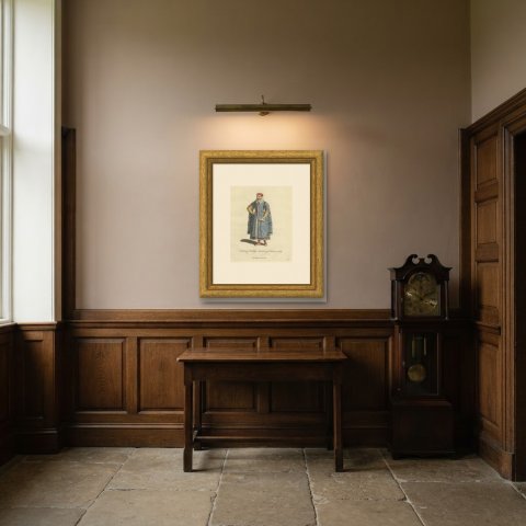 Wealthy Merchant of London in 1588, Fur Trimmed Gown, Jefferys Print, 1757, shown framed in a room