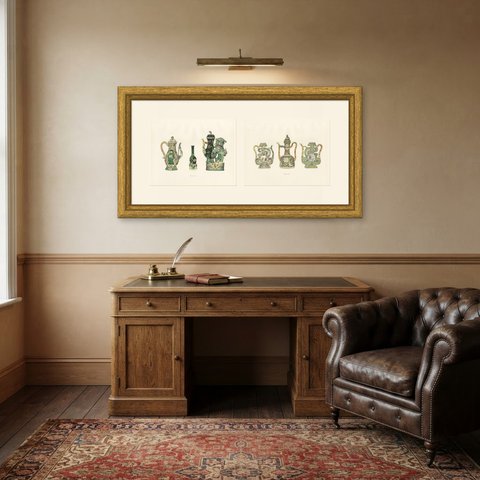Chinese Wine Pots and a Bell Shaped Ewer, Two Ming Color Plates, 1911, shown framed in a room
