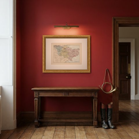 Antique Map of Kent with Maidstone, Rochester and the Channel, 1885, shown framed in a room