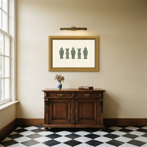 Garniture of Five Hexagonal Pieces on Green Rolling Waves, Plate 1911, shown framed in a room