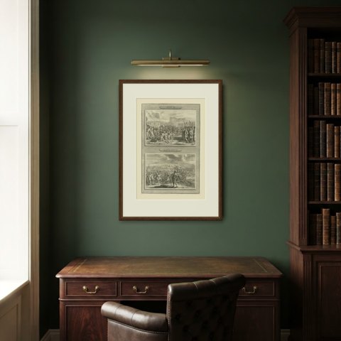 Achan Punished and Joshua Commands the Sun to Stand Still, Mortier circa 1700, shown framed in a room