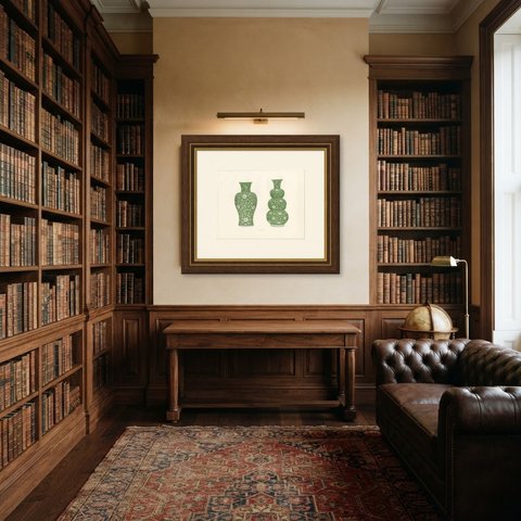 Triple Gourd and Baluster Vases with Reserved Scrolls, Plate 1911, shown framed in a room