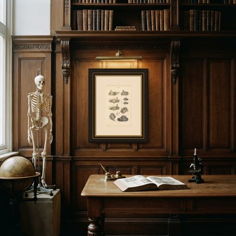The Bony Labyrinth and Cochlea, Antique Hirschfeld Anatomy Print, 1866, shown framed in a room
