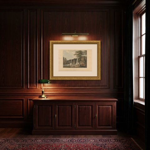 Piccolo Bent, Ottoman Waterworks and Waterfall, Antique Aquatint, 1809, shown framed in a room