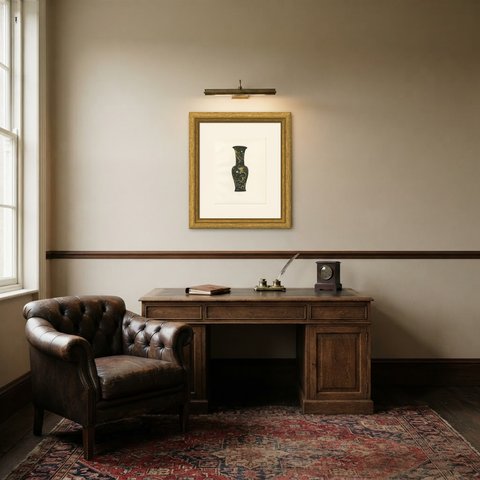 Famille Noire Beaker Vase with Nine Dragons, Antique Color Plate, 1911, shown framed in a room