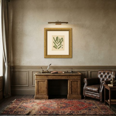 Elegant Antique Hand-Colored Botanical Fern Print, Ladder Brake, 1806-1809, shown framed in a room