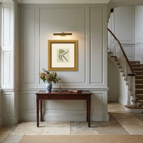 Elegant Antique Hand-Colored Botanical Fern Print, Lygodium scandens, 1806-1809, shown framed in a room