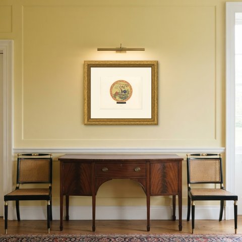 Imperial Yellow Saucer Dish with Peony Ode, Antique Color Plate, 1911, shown framed in a room
