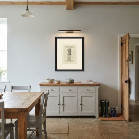 The Column Order of the Elephanta Temple, Antique Print, 1780, shown framed in a room