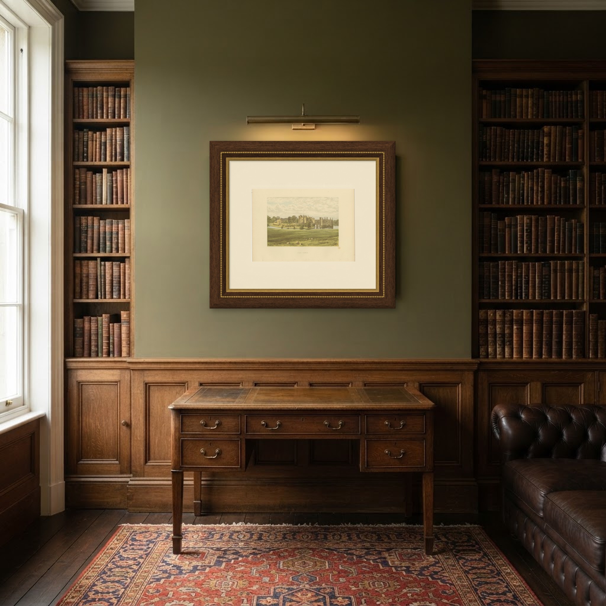 Leeds Castle, Kent, Antique Morris Woodblock Print, circa 1870, shown framed in a room