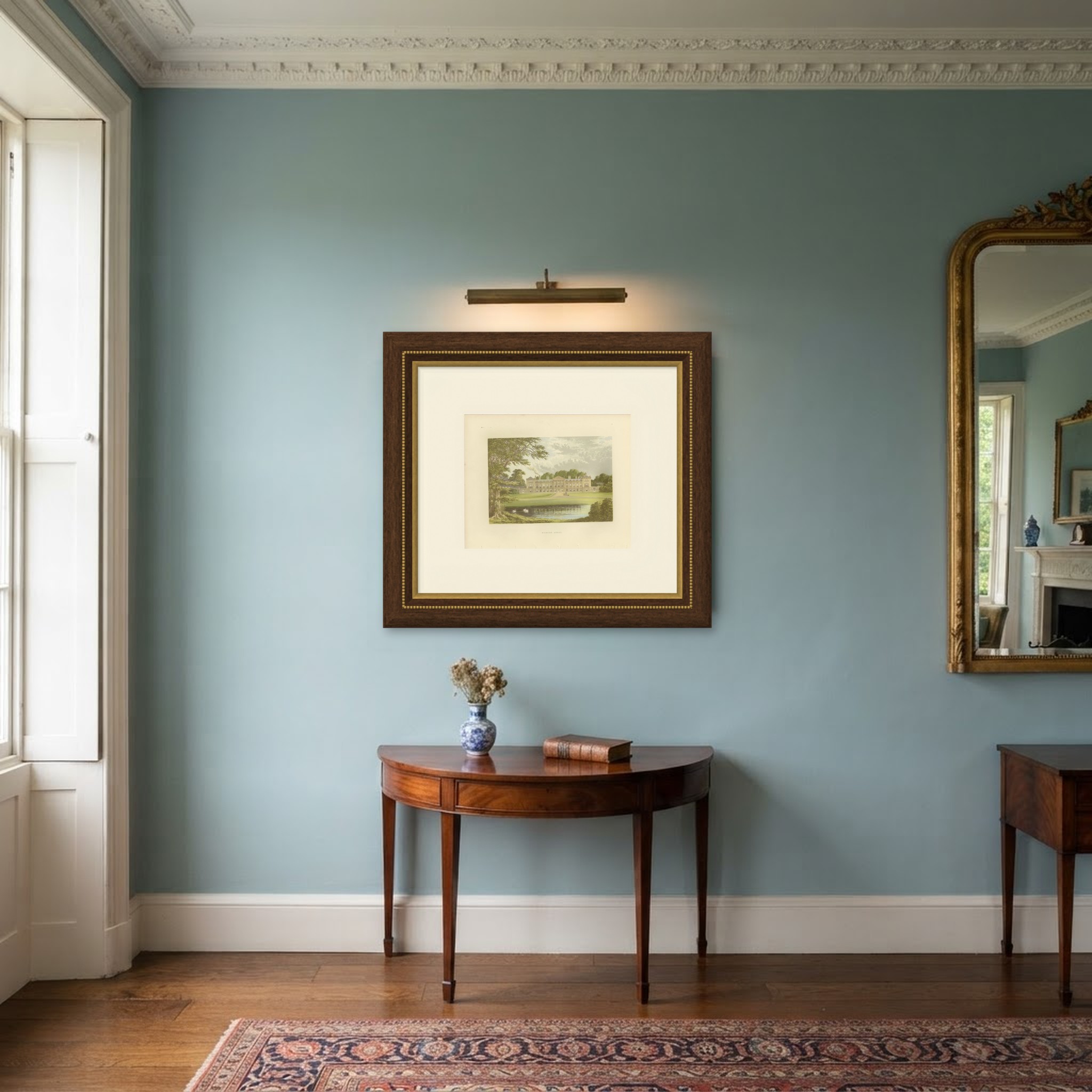 Woburn Abbey, Bedfordshire, Antique Morris Woodblock Print, circa 1870, shown framed in a room