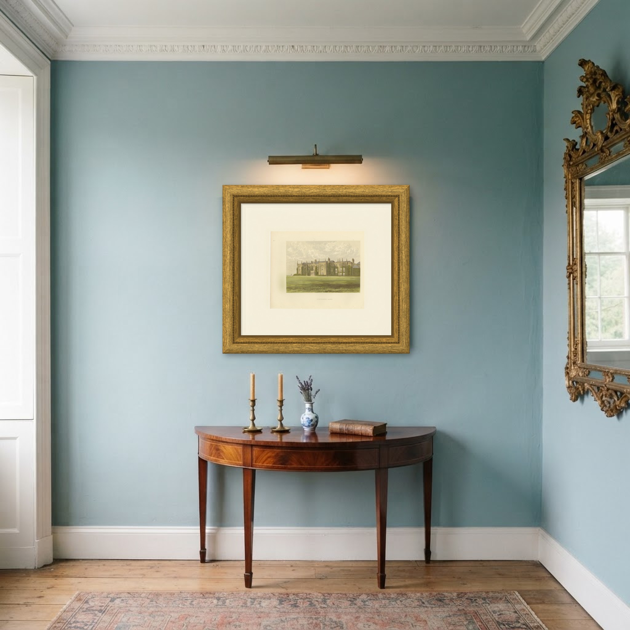 Combermere Abbey, Cheshire, Antique Morris Woodblock Print, circa 1870, shown framed in a room