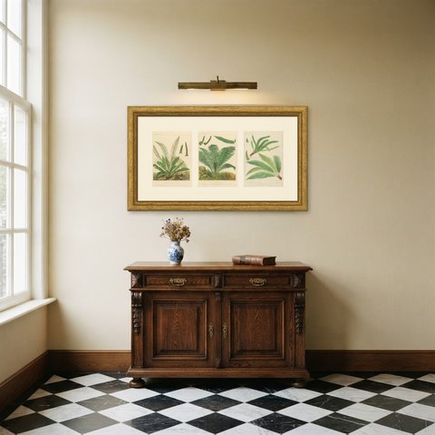 Set of 3 Antique Fern Chromolithographs, Hard, Ostrich and Holly, circa 1885, shown framed in a room