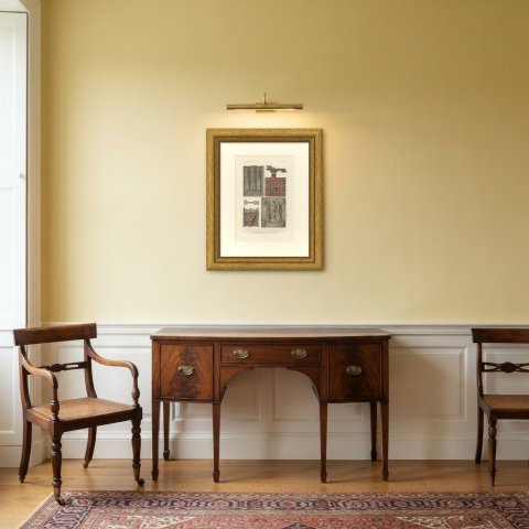 Pierced Iron Locks and a Master Key, Antique Print, 1851, shown framed in a room