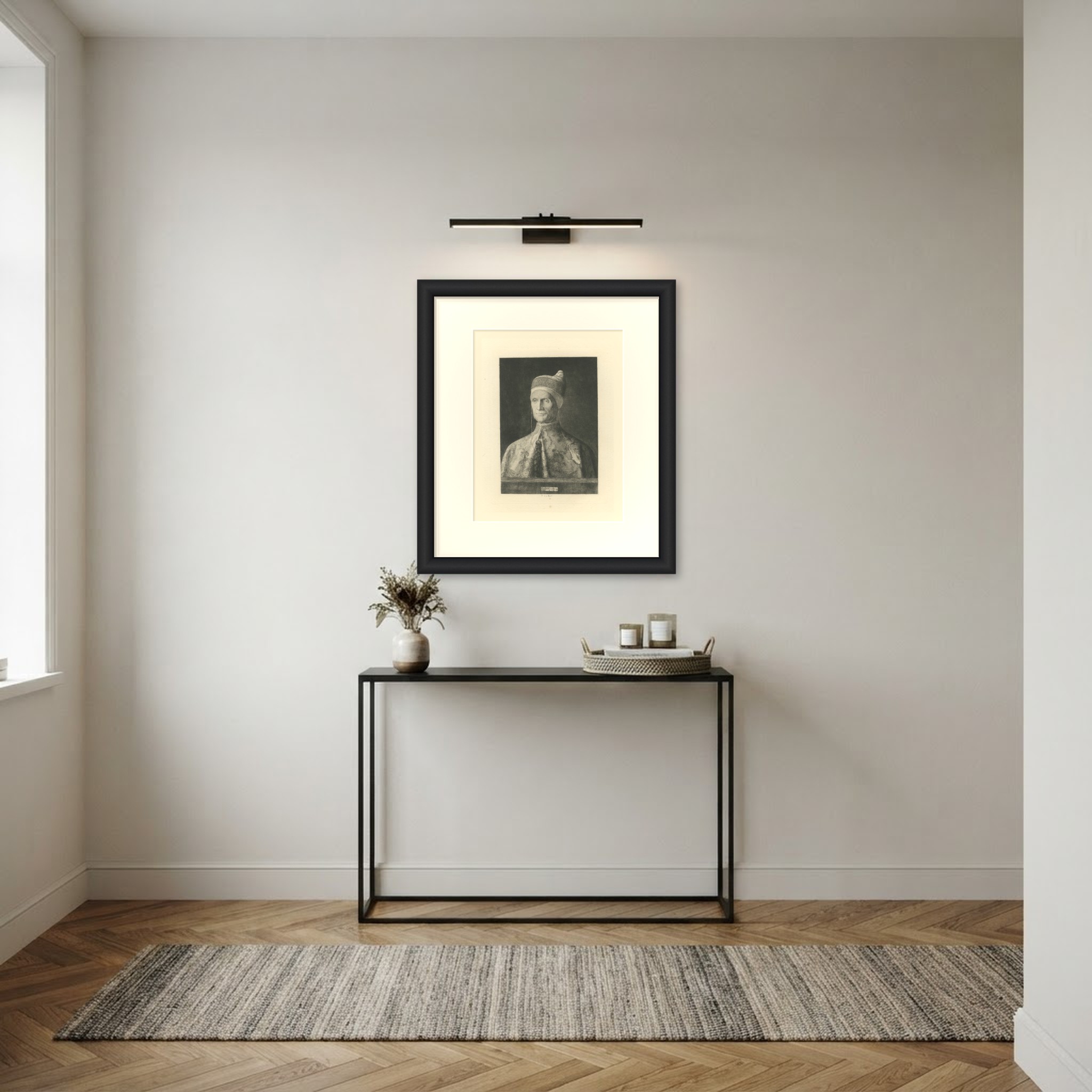 Doge Leonardo Loredan after Giovanni Bellini, Etching by Paul Le Rat, circa 1880, shown framed in a room