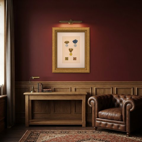 Russian Medals, Alexander I Medal and Service Bars, Plate LXX, 1844, shown framed in a room