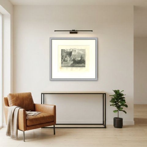 Festival at Milan, the Chariot Race, Antique Madou Lithograph, 1827, shown framed in a room