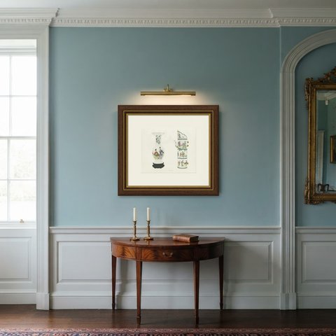 Trumpet Mouth Vase and a Wine Pot of Extraordinary Size, Yung-ching, 1911, shown framed in a room
