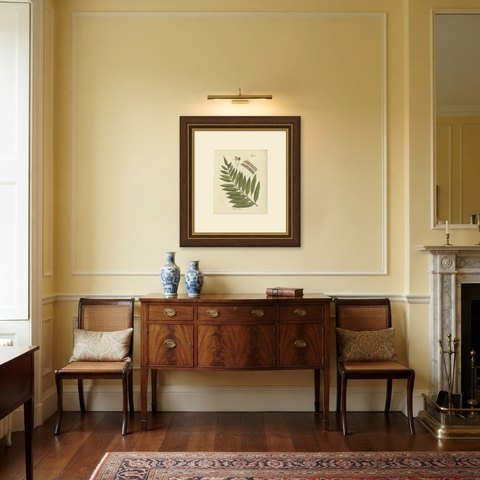 Antique Hand-Colored Fern Engraving by Schkuhr, Asplenium obliquum, 1806-1809, shown framed in a room