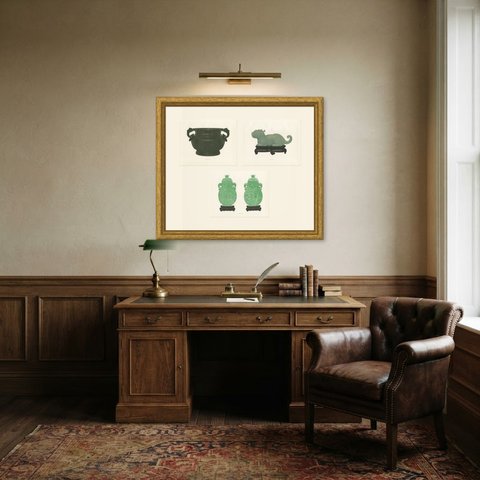 Three Important Chinese Jade Vessels, Kien-lung Color Plates, 1911, shown framed in a room