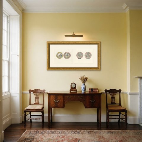 Ruby Backed and Rose Ground Plates, Two Yung-ching Color Plates, 1911, shown framed in a room