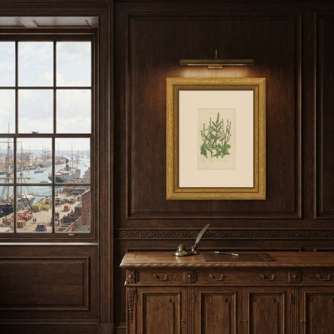Halberd Leaved and Sea Oraches, Antique British Flora Print, circa 1873, shown framed in a room