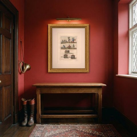 Antique Print of Chinese Transport, Sedan Chairs and a Wheelbarrow, 1815, shown framed in a room