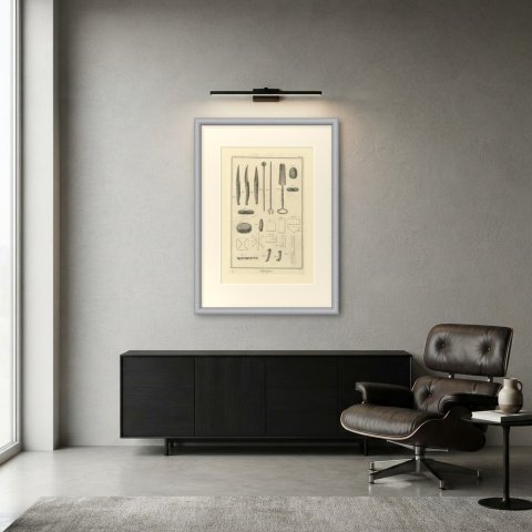 Bistouries, Lint and Compresses, Diderot Chirurgie Plate II, circa 1772, shown framed in a room
