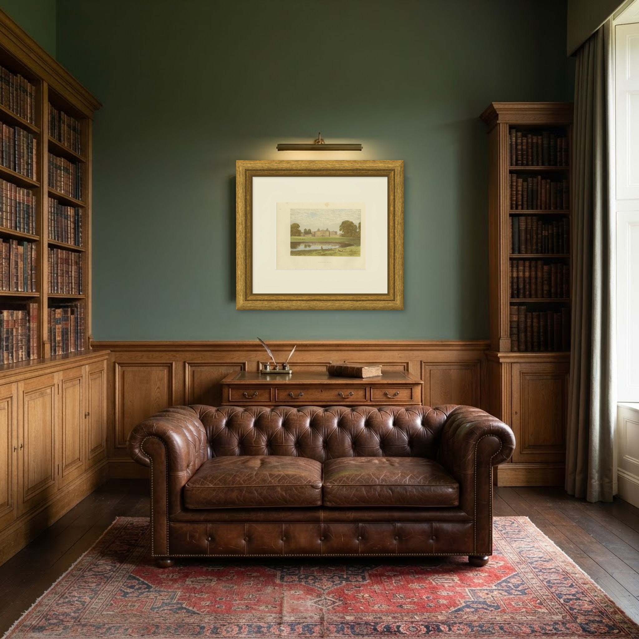Badminton House, Gloucestershire, Antique Morris Woodblock Print, circa 1870, shown framed in a room