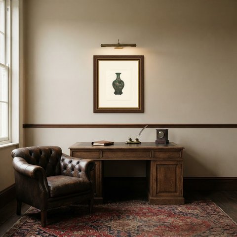 Dark Green Bulbous Vase with Two Drongos in Relief, Ming, Plate 1911, shown framed in a room