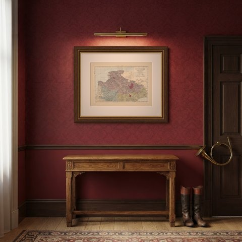 Antique Map of North Devon, Barnstaple Bay and Bristol Channel, 1885, shown framed in a room
