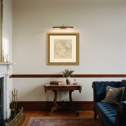 Antique Map of the Western Hemisphere with Highest Mountains Table, 1858, shown framed in a room