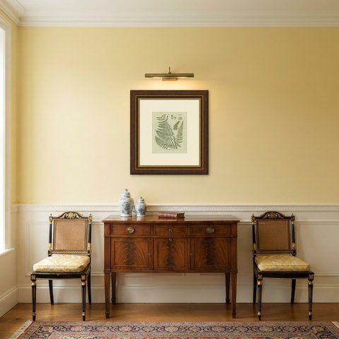 Elegant Hand-Colored Fern Print, Narrow Buckler Fern, Plate 47, 1806-1809, shown framed in a room