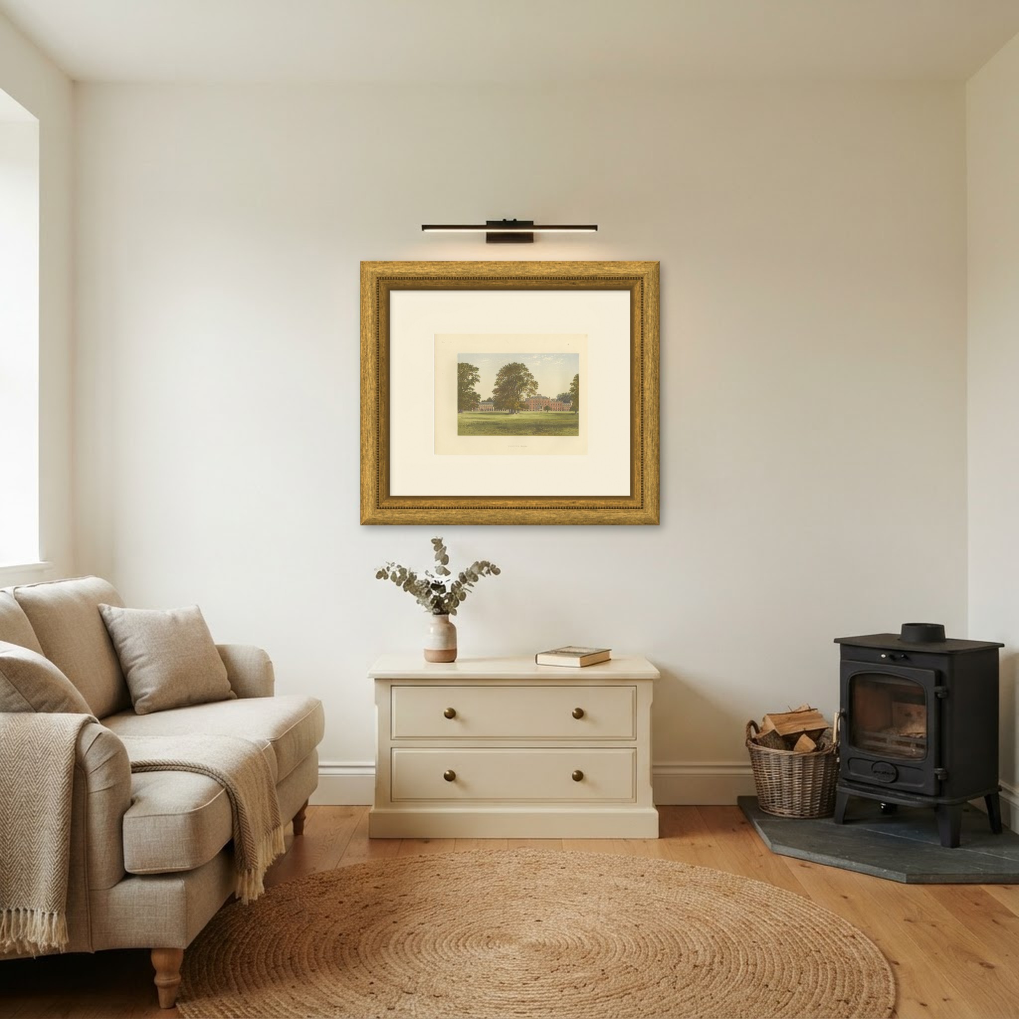 Wimpole Hall, Cambridgeshire, Antique Morris Woodblock Print, circa 1870, shown framed in a room