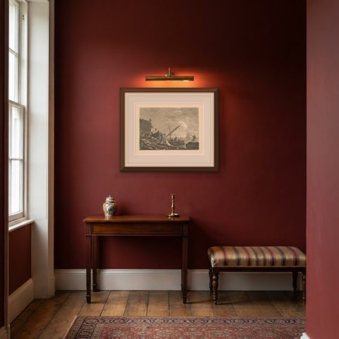 View in the Levant, Harbor Quay below a Fortress, Antique Engraving, circa 1820, shown framed in a room