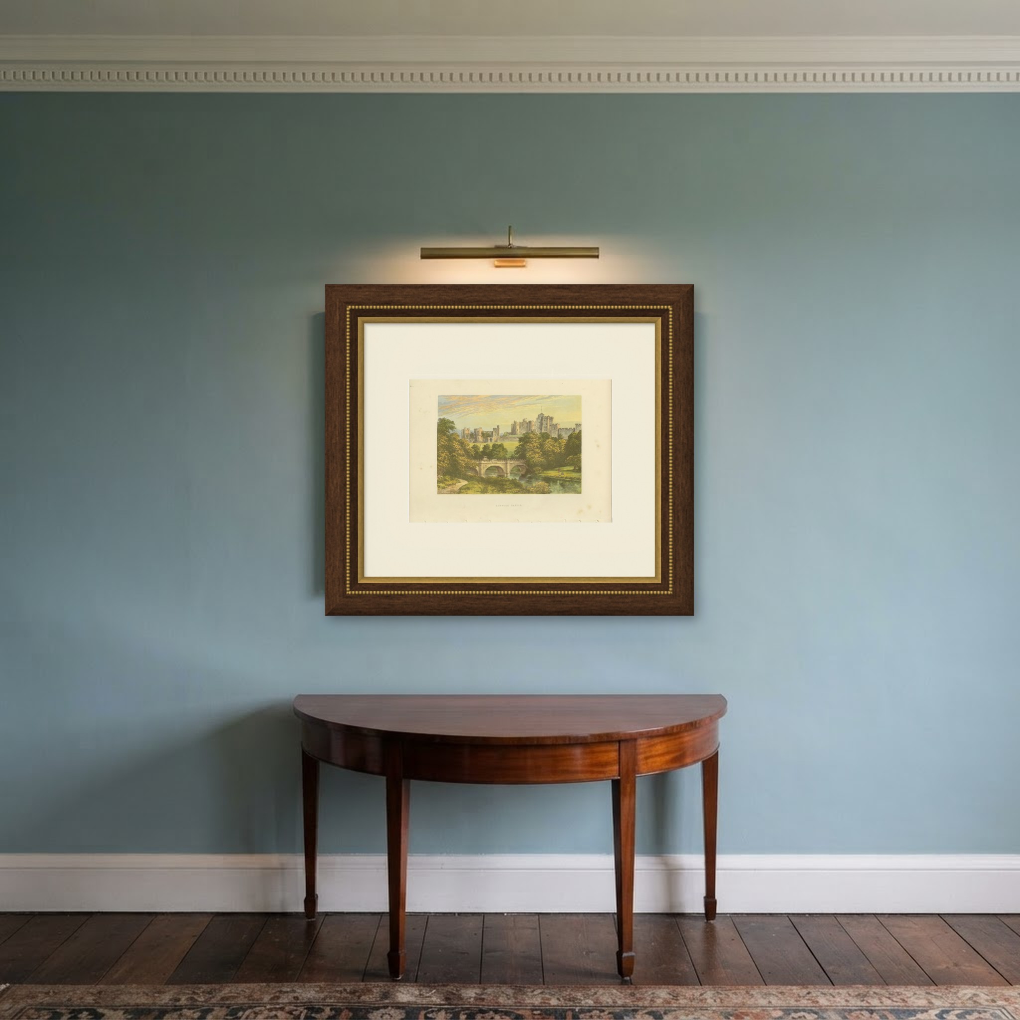 Alnwick Castle, Northumberland, Antique Morris Woodblock Print, circa 1870, shown framed in a room