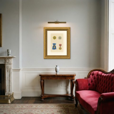 Orders of Russia, White Eagle and Saint Stanislaus Insignia, Plate LXVII, 1844, shown framed in a room